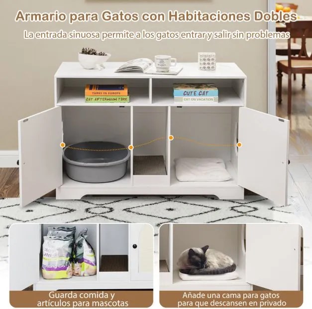 Móvel para caixa de areia (NÃO INCLUIDA) para gatos com espaço para guardar o arranhador e 2 tapetes de sisal Branco