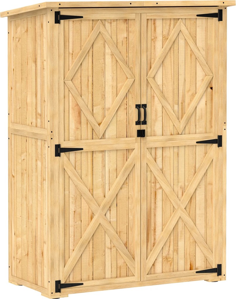 Outsunny Abrigo de armazenamento para jardim, casinha de madeira para ferramentas e equipamentos de jardim, telhado de betume, portas duplas, madeira de abeto, castanho claro | Aosom Portugal