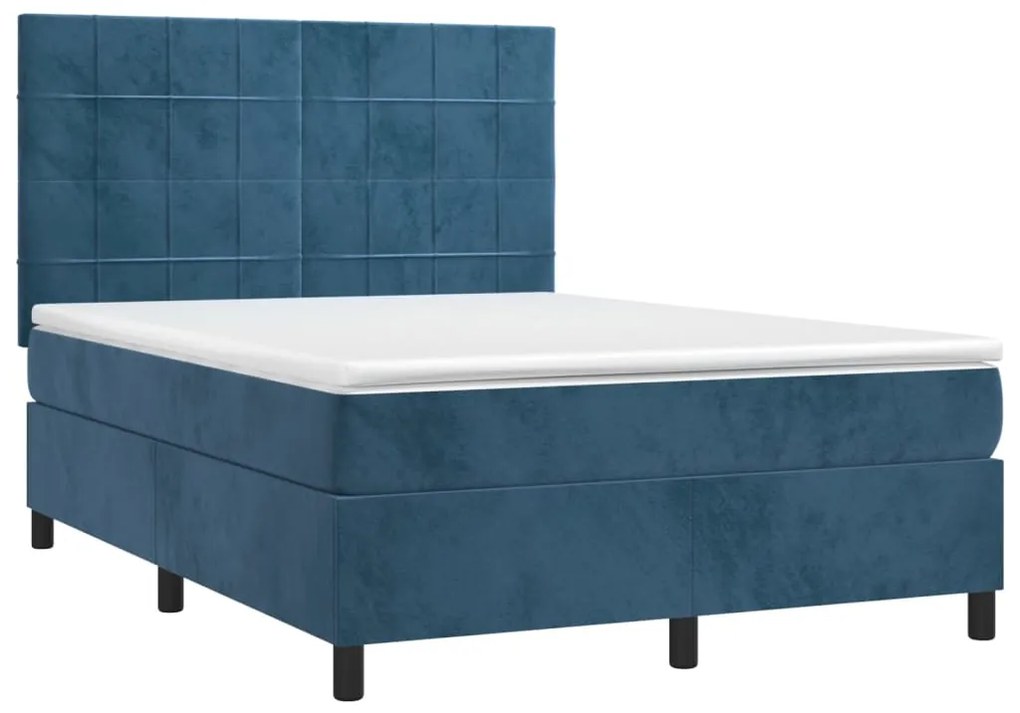 Cama box spring c/ colchão/LED 140x200 cm veludo azul-escuro