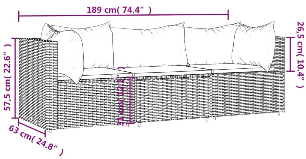 3 pcs conjunto lounge de jardim c/ almofadões vime PE preto