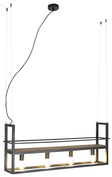 LED Candeeiro de suspensão inteligente preto com madeira e prateleira 4 luzes incl. Wifi A60 - Cage Rack Industrial
