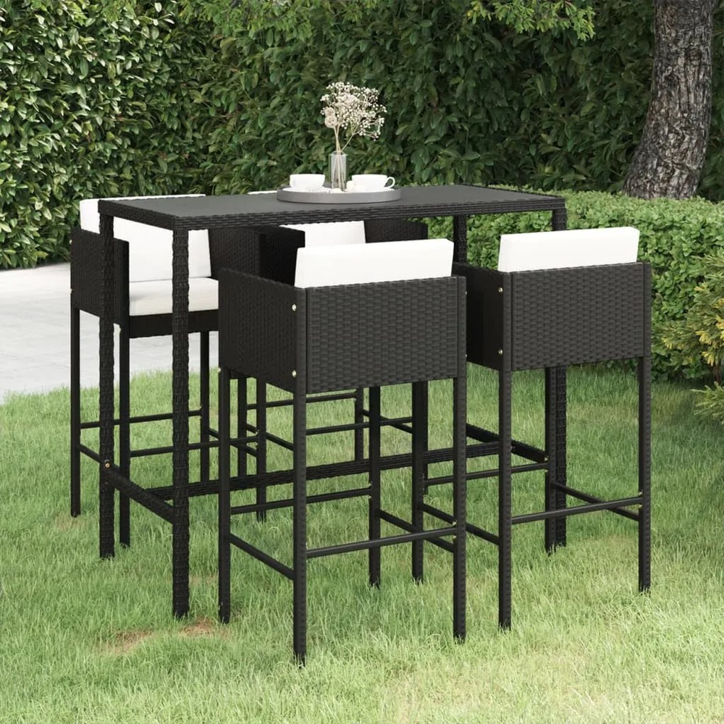 vidaXL 5 pcs conjunto de bar p/ jardim c/ almofadões vime PE preto