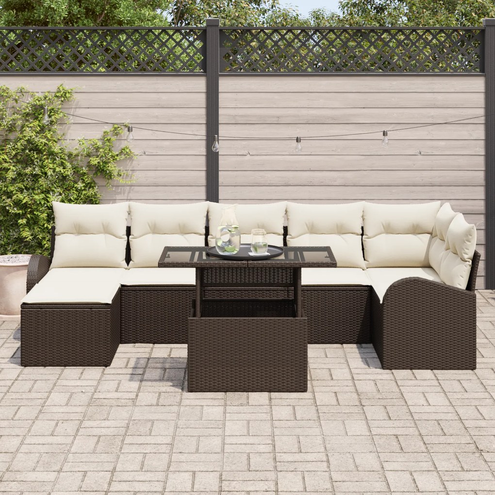 Conjunto de Sofá de 8 Peças para Jardim com Almofadas Castanho Vime PE