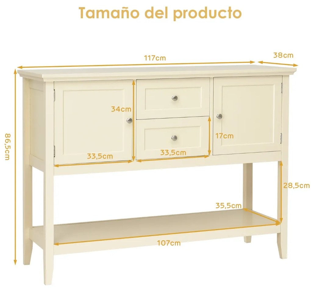 Mesa consola aparador em madeira com 2 gavetas e 2 prateleiras por baixo das portas Mesa de apoio para sala de estar Escritório 117 x 38 x 86,5 cm Beg