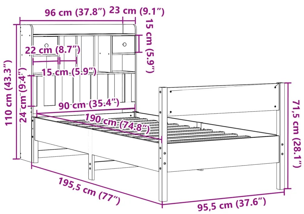 Cama com estante sem colchão 90x190 cm pinho maciço