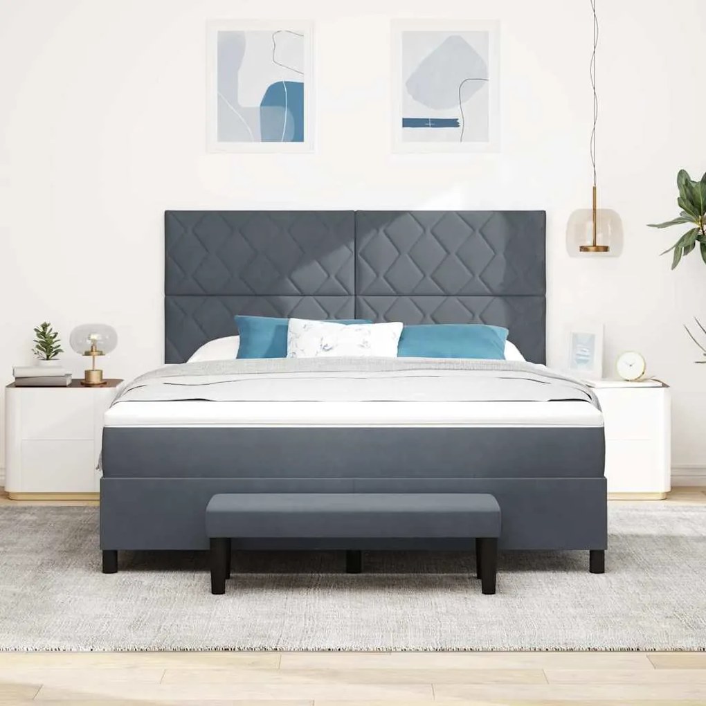 Cama Box com Colchão e Banco Cinza Escuro 180x200 cm Veludo