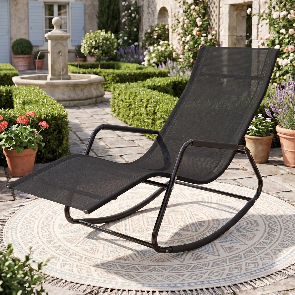 Cadeira baloiço com braços e Estrutura metálica – Poltrona de relaxamento para pátio ou terraço, Preto