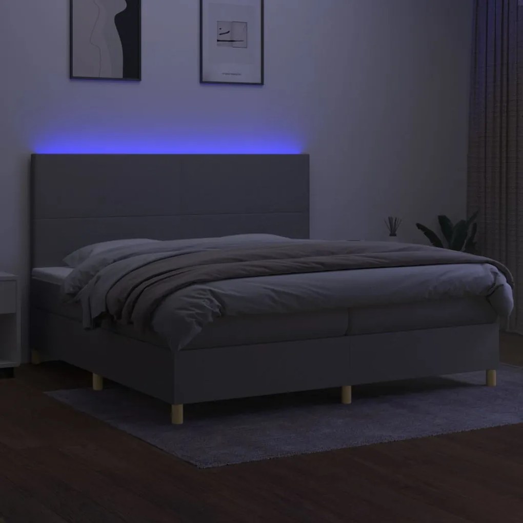 Cama box spring c/ colchão e LED 200x200 cm tecido cinza-claro