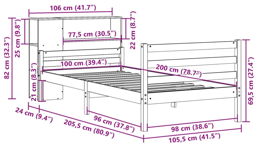 Cama com estante sem colchão 100x200 cm pinho maciço branco