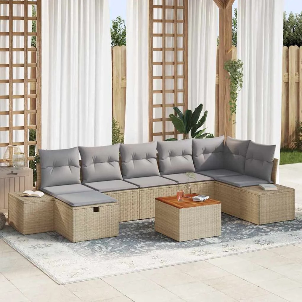 vidaXL Conjunto de Sofá de Jardim de 8 Peças com Almofadas Bege em Rattan Sintético