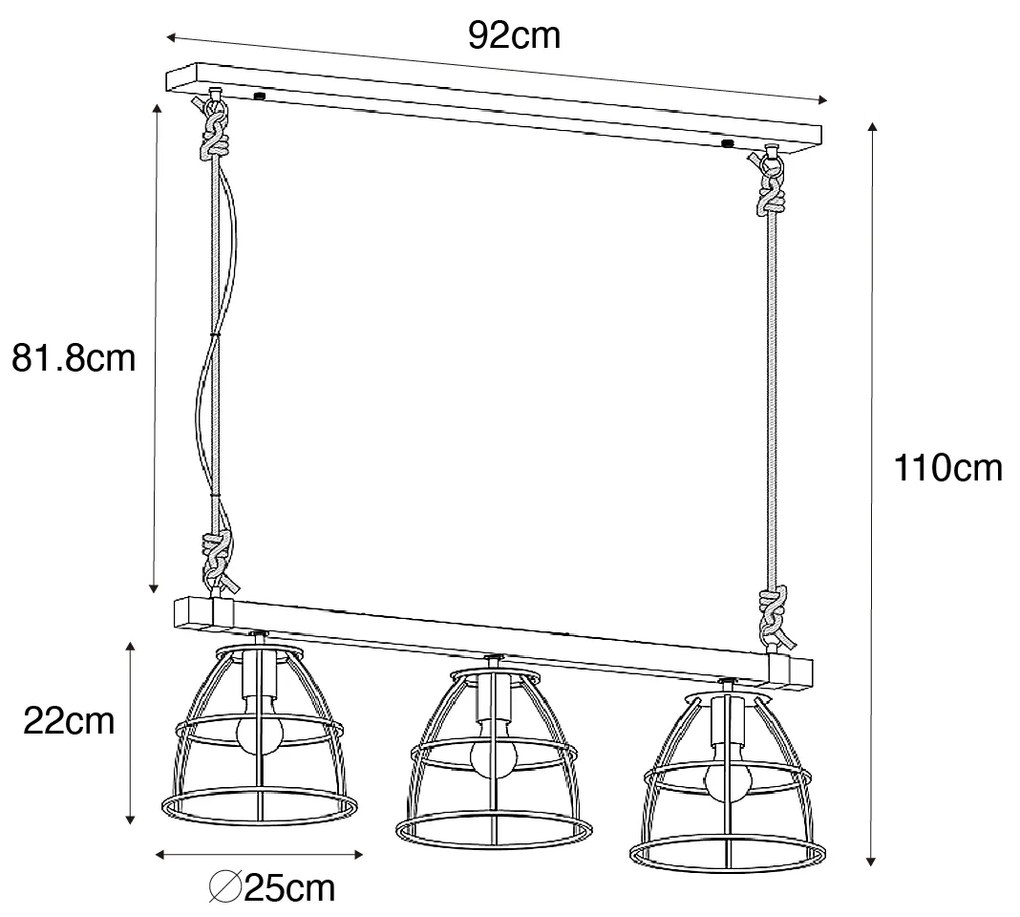 Candeeiro de suspensão industrial em madeira com cinzento escuro 3-luzes - Arthur Industrial