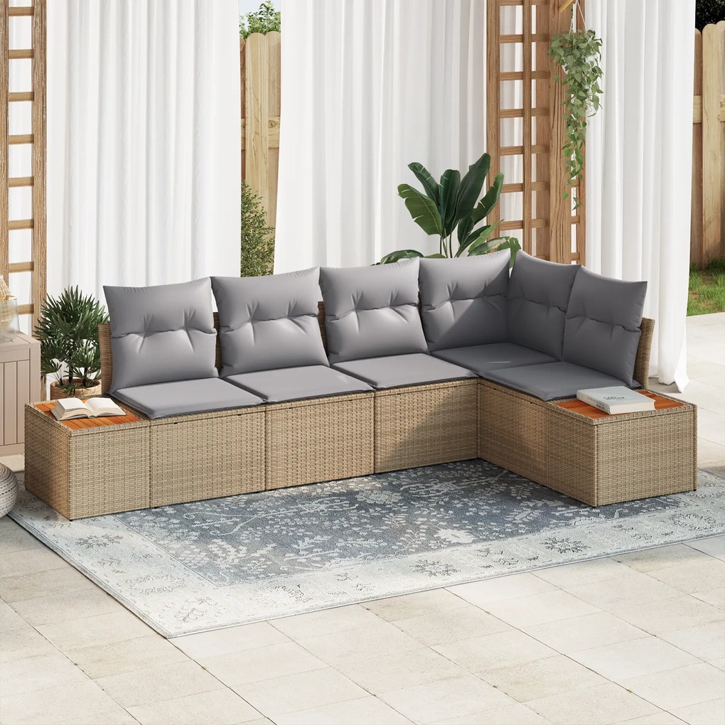 vidaXL Conjunto de Sofá de Jardim de 5 Peças com Almofadas Bege Rattan Acácia