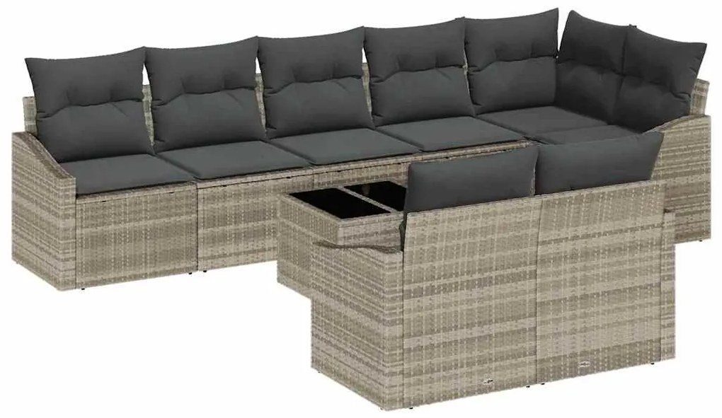 Conjunto de Sofá de Jardim com 9 Peças e Almofadas Cinzas, em Rattan S
