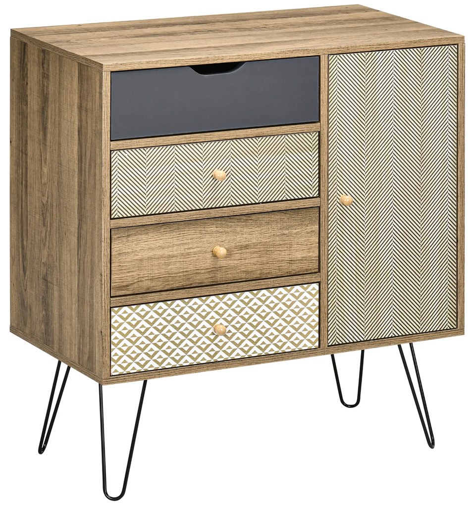 Cómoda com 4 Gavetas Gaveteiro de Madeira com Porta Prateleira Ajustável e Pés de Metal para Sala de Estar Dormitório Cozinha 79x39x86cm Castanho