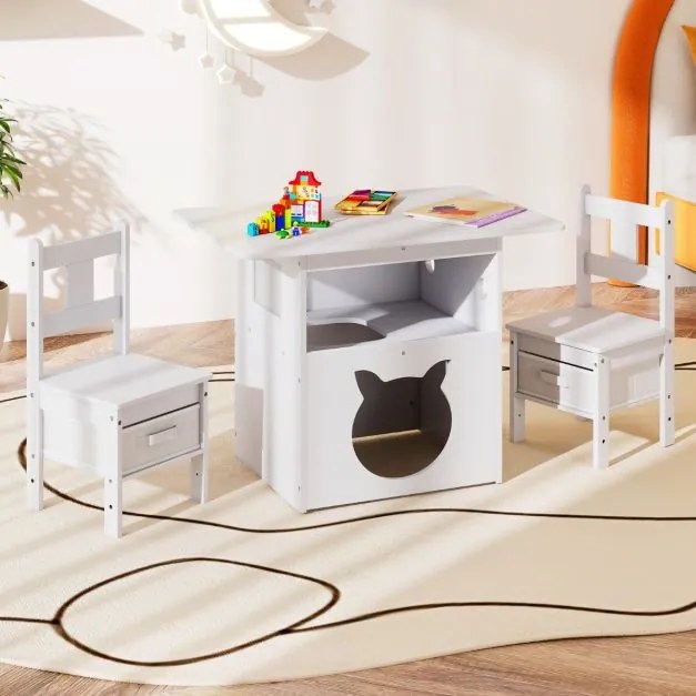 Conjunto de mesa e cadeiras infantil 2 em 1 com casinha para gatos e janela transparente. Inclui cubos de tecido para crianças com mais de 3 anos. Bra
