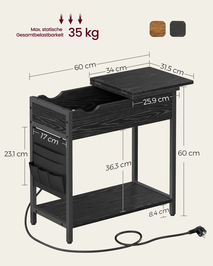 Mesa de apoio com tomada eléctrica e portas USB 60 x 31,5 x 60 cm preta