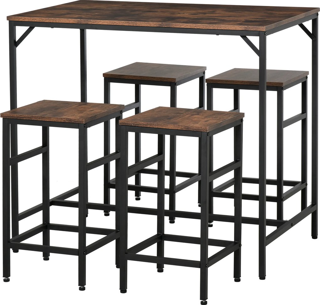 Conjunto de Mesa de Bar com 4 Bancos com Apoio para os Pés Mesa de 100x60x88cm e Bancos de 32x32x57cm Preto e Nogueira