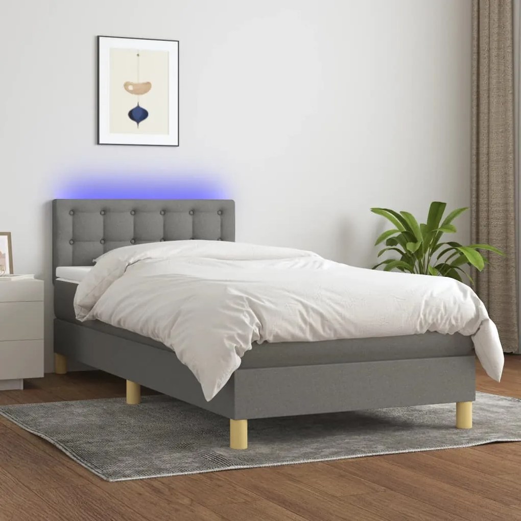 Cama box spring c/ colchão e LED 100x200 cm tecido cinza-escuro