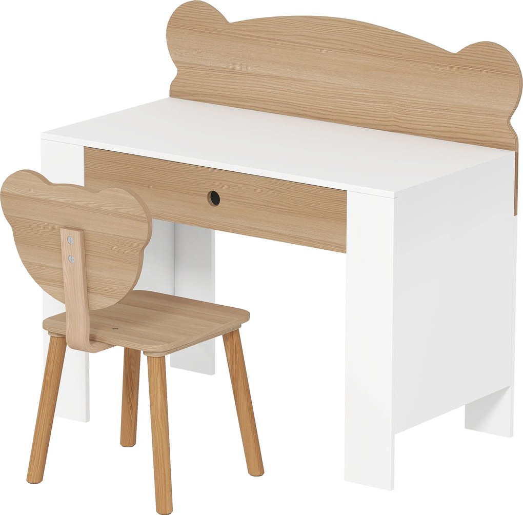 Secretária infantil com cadeira, mesa infantil e cadeira com gaveta e tampo largo, 80 x 41 x 74,5 cm, madeira natural