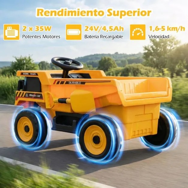Camião basculante elétrico de 24 V para criançasde construção de 4 rodas com caçamba basculante Pá Controle remoto Música Amarelo