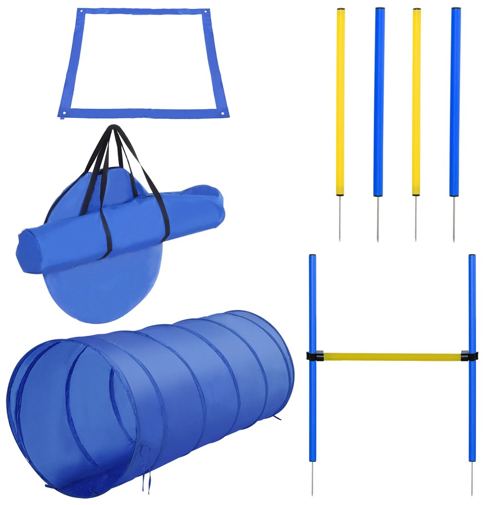 PawHut Treino de Agilidade para Cães Obstáculos de Salto para Cães com Altura Ajustável Túnel e Bolsa de Transporte Azul