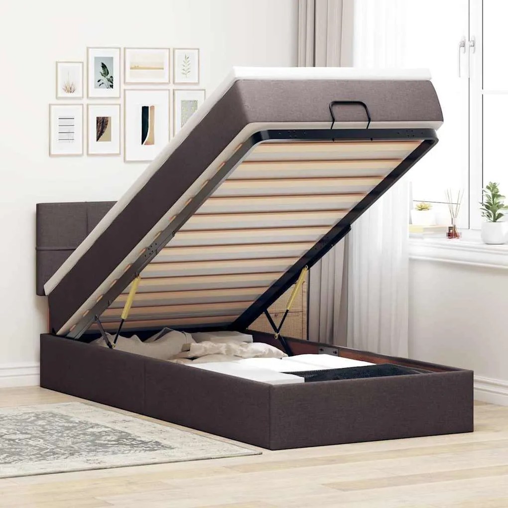 Cama otomana com colchão & LEDs 90x200cm tecido castanho escuro