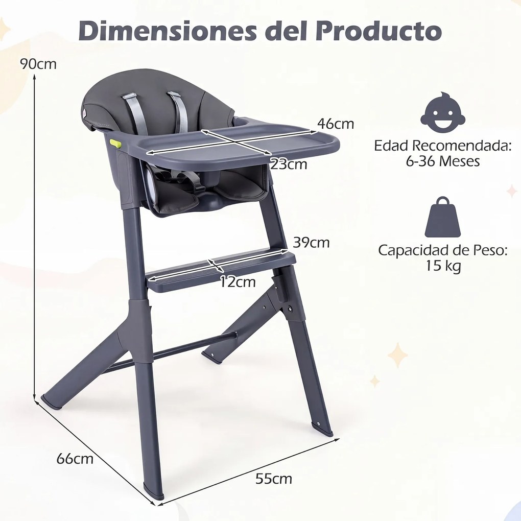 Cadeira de Refeição Infantil, 66 x 55 x 90 cm, 3 Modos de Utilização, Cinzento