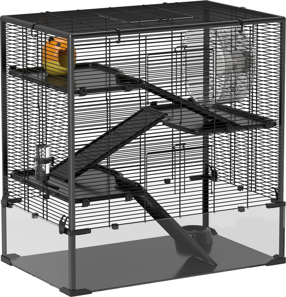 PawHut Gaiola para hamsters com fundo de vidro, Viveiro de 4 níveis com casinha e acessórios, 78,5L x 48,5B x 80H cm, Preto | Aosom Portugal