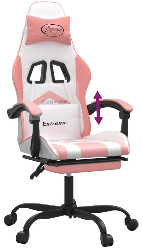 Cadeira gaming com apoio p/ pés couro artificial branco e rosa