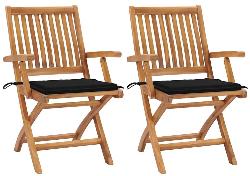 vidaXL Cadeiras de jardim c/ almofadões pretos 2 pcs teca maciça