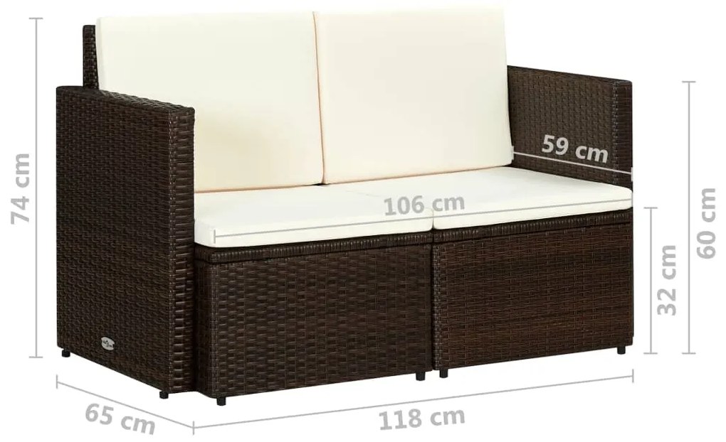 Sofá de jardim 2 lugares com almofadões vime PE castanho
