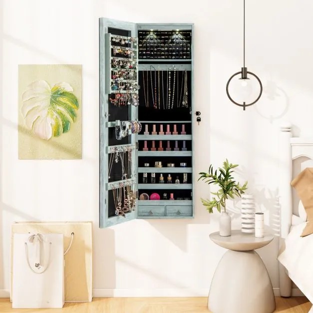 Armário de joias em madeira com espelho de parede e LED interno Organizador de porta ou parede com chave 35,5 x 10 x 120 cm Azul