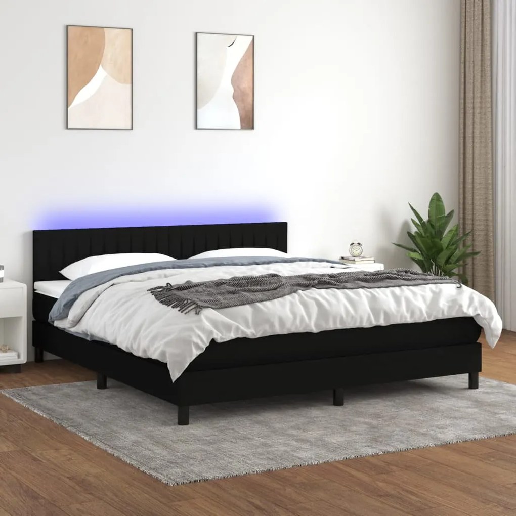 Cama box spring c/ colchão e LED 160x200 cm tecido preto