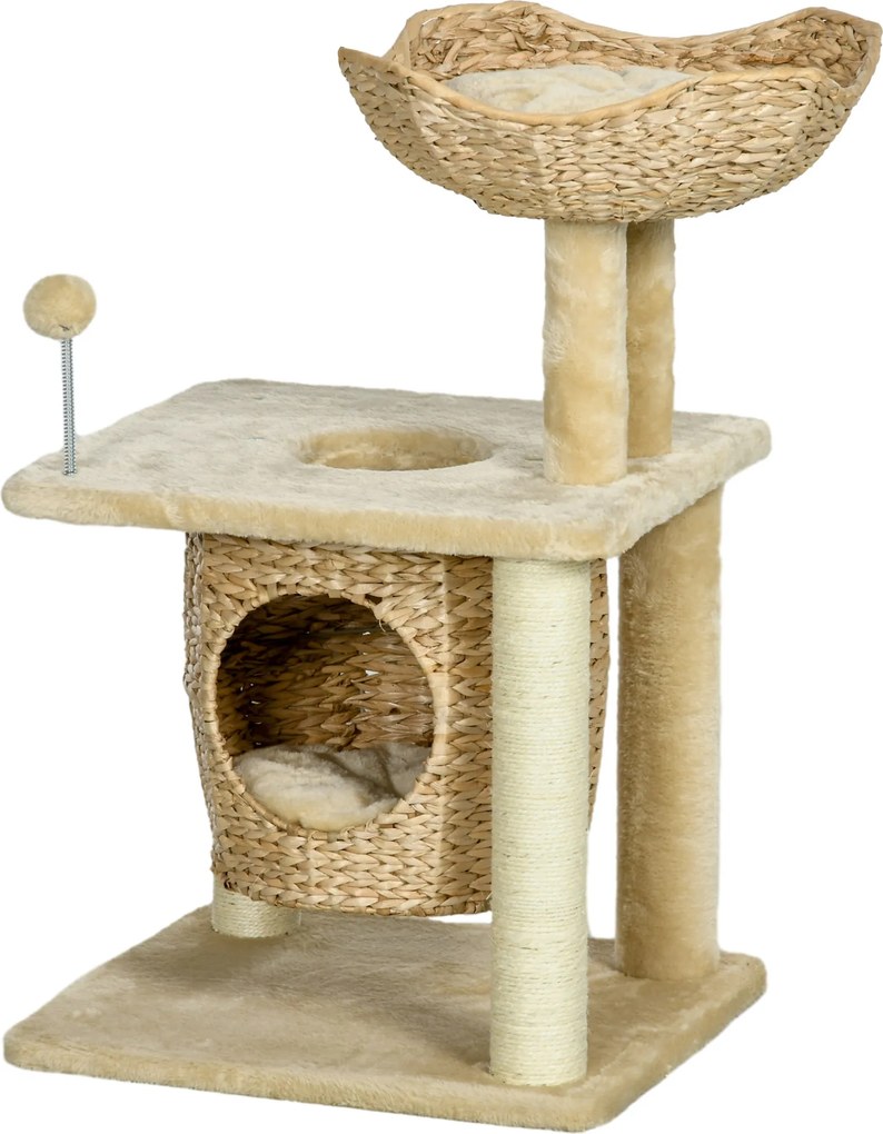 Arranhador para gatos com arranhador de sisal natural, 1 nicho, cesto com pompons e pelúcia 45 x 40 x 74 cm, bege