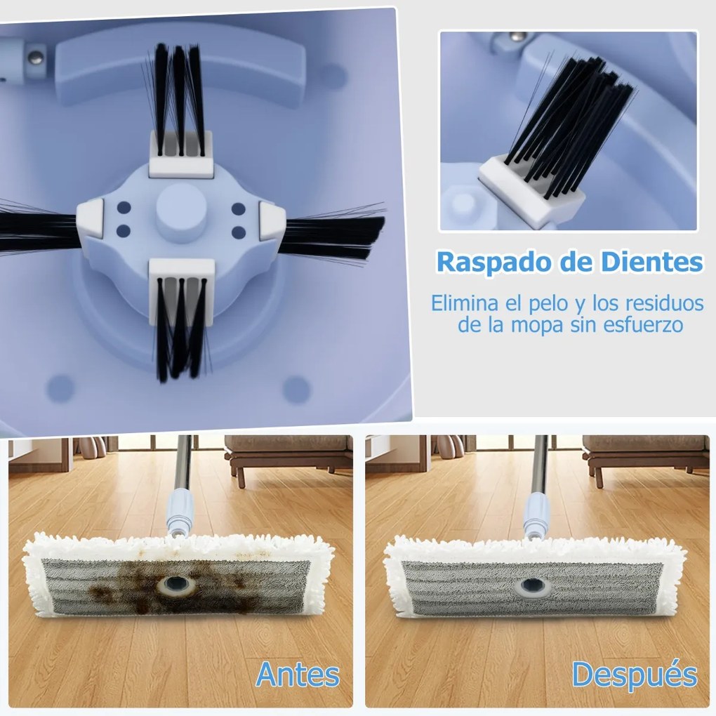 Conjunto de esfregona e balde para lavagem sem mãos com design de tanque duplo 1 esfregona retangular e 1 redonda com 2 almofadas de microfibra azuis