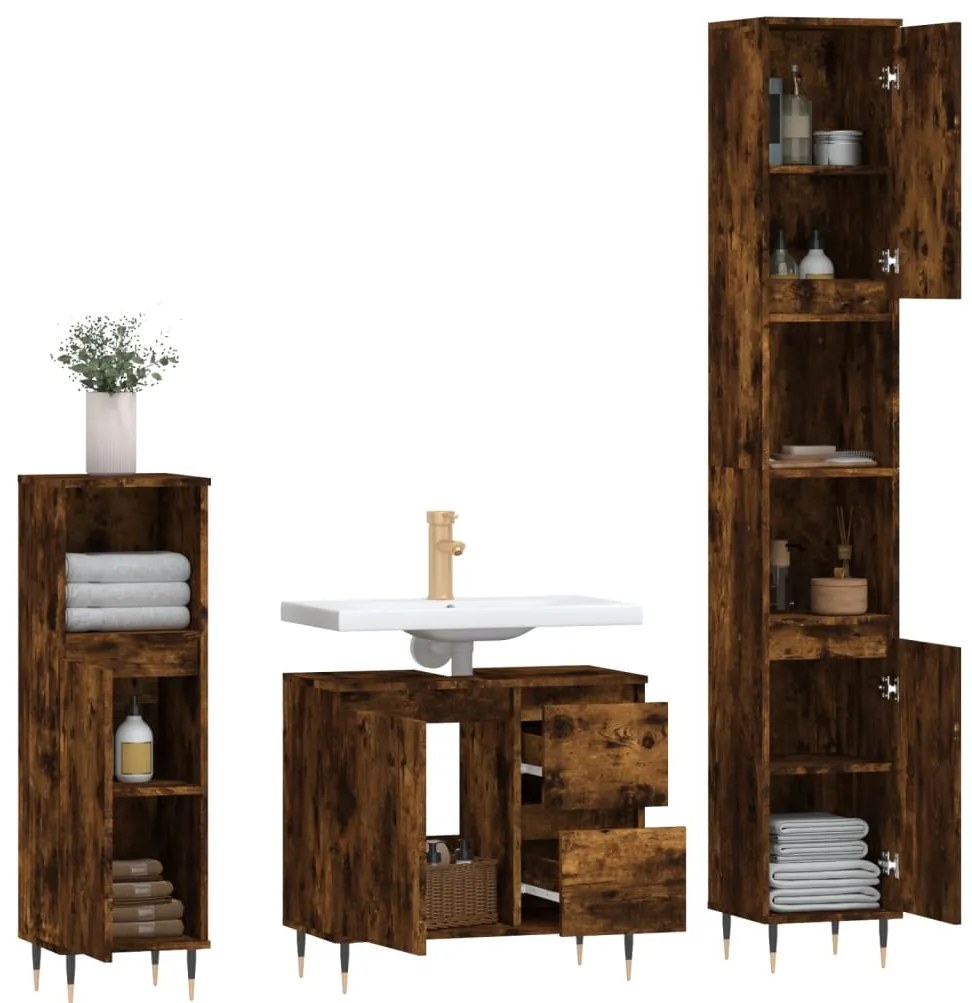 3 pcs conjunto de móveis WC madeira processada carvalho fumado
