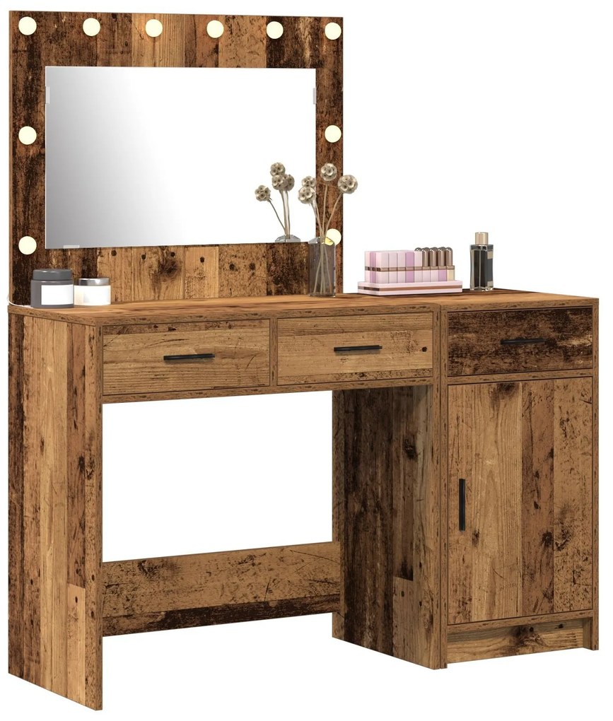 Conjunto de Mesa de Maquiagem de 2 Peças com LED em Madeira Antiga