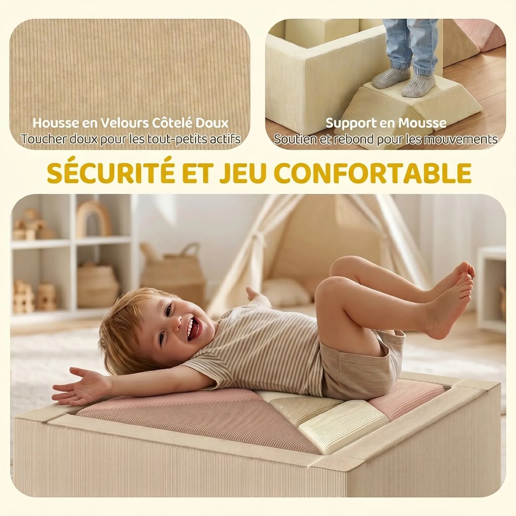 Circuito de motricidade para bebés, 9 peças, com piscina de bolas (BOLAS NÃO INCLUIDAS), módulo em espuma macia com capa em veludo canelado, multicolo