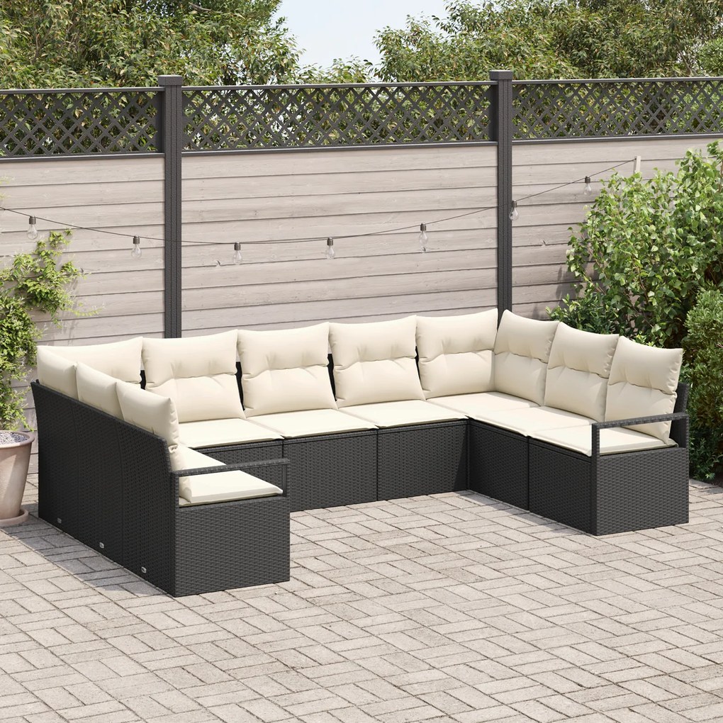 Conjunto de Sofá para Jardim vidaXL 9 Peças com Almofadas Preto Rattan