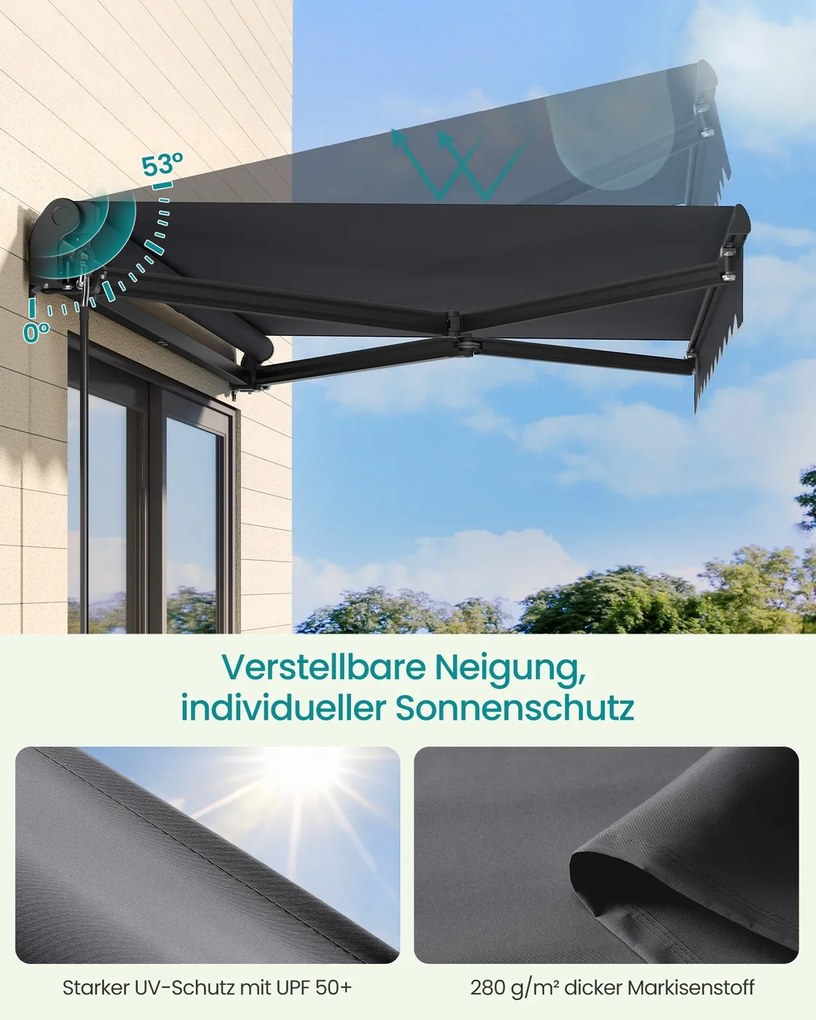 Toldo varanda articulado 250 x 200 cm com manivela para uma proteção solar fiável, cinzento