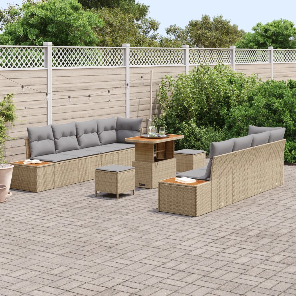 Conjunto de Sofá de Jardim de 11 Peças com Almofadas Bege em Rattan Po