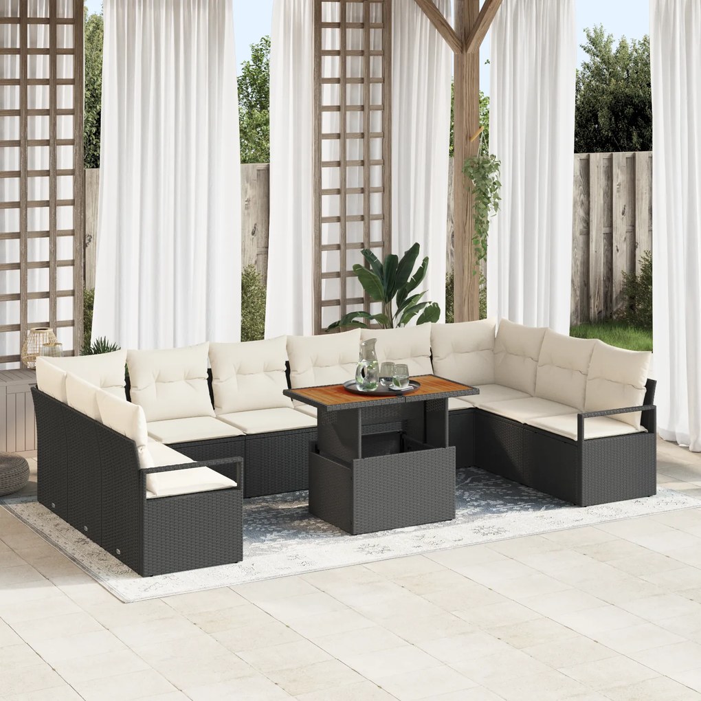 Conjunto de Sofás de Jardim com 11 Peças e Almofadas Preto Vime Poliéster