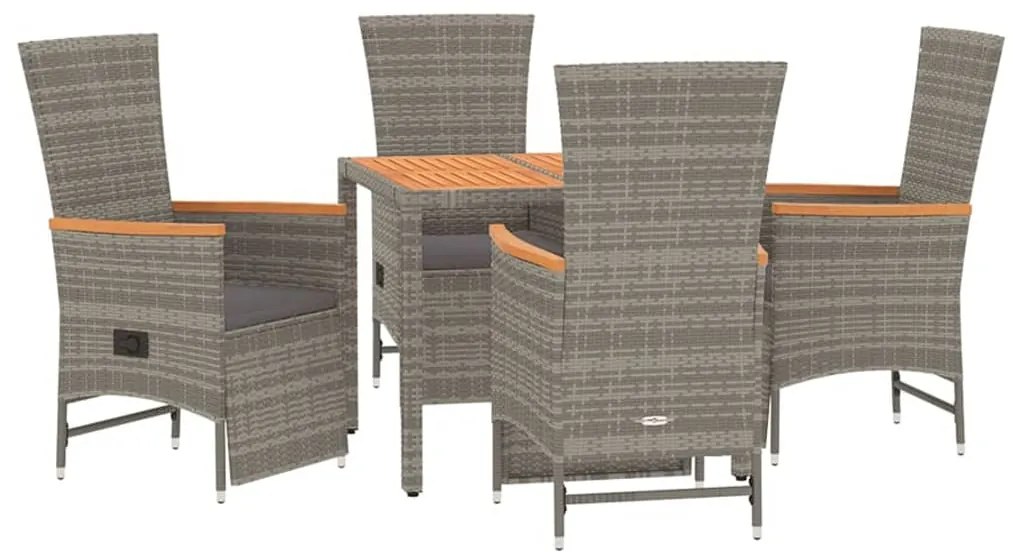5 pcs conjunto de jantar p/ jardim c/ almofadões vime PE cinza
