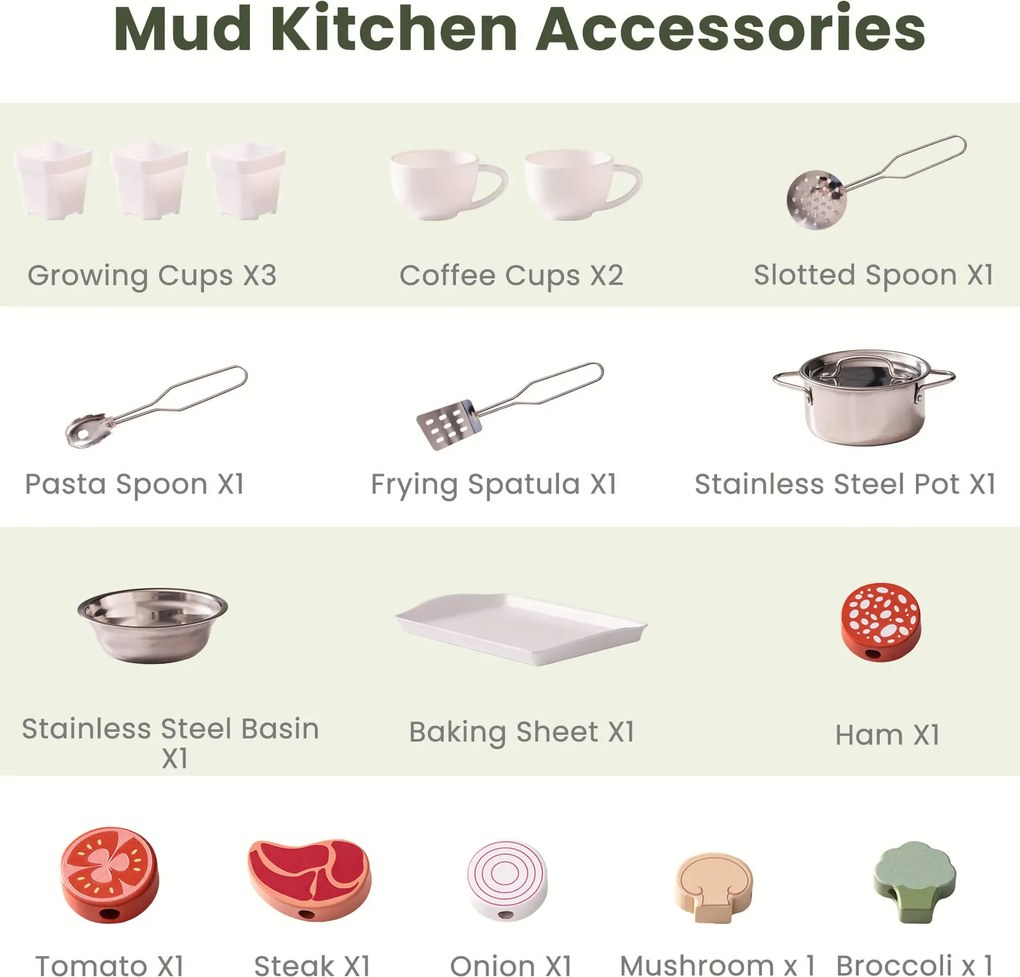 Cozinha de brincar para crianças de madeira ao ar livre 87,4 x 72,9 x 29 cm  Verde