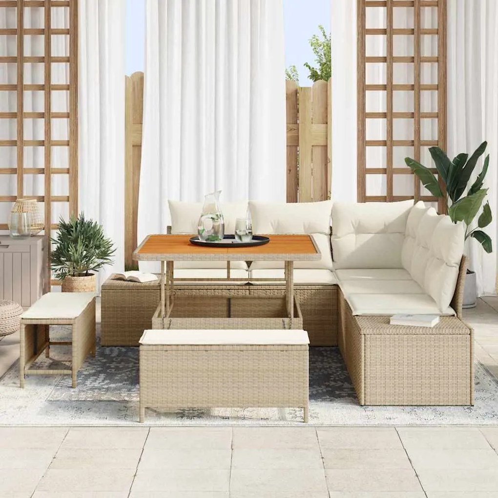 Conjunto de Sofá de Jardim de 8 peças com almofadas bege em poli ratta