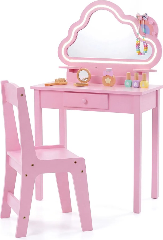 Conjunto de Toucador Infantil e Cadeira, 59 x 35 x 103,5 cm, Espelho em Forma de Nuvem com LED, Rosa
