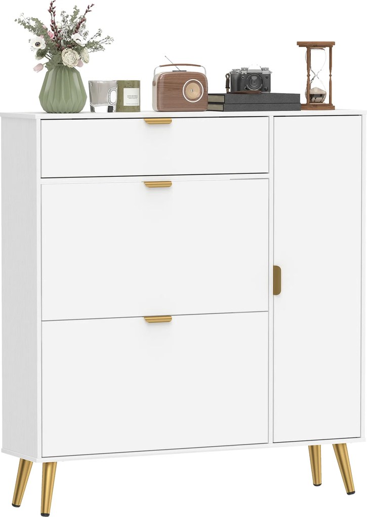 Sapateira com capacidade para 12 pares 99,4 x 23,8 x 106,6 cm, 2 gavetas rebatíveis, 4 compartimentos, branco