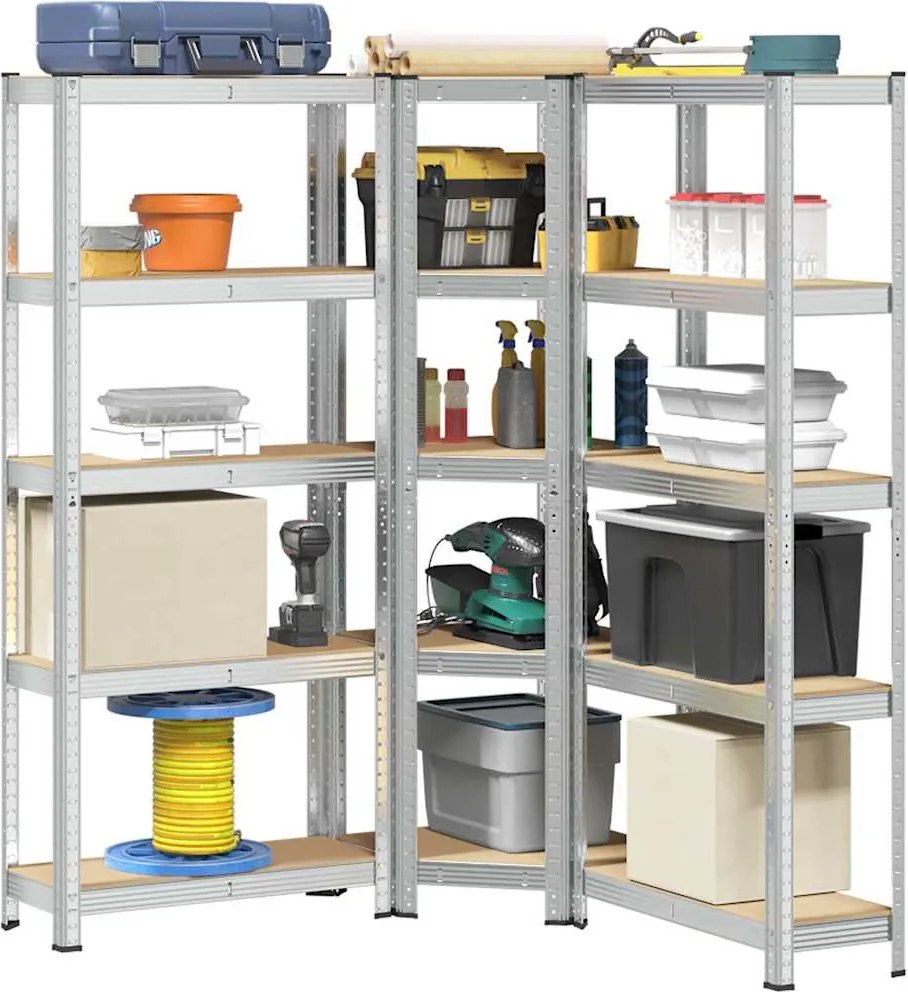 vidaXL Estantes 5 prateleiras 3 pcs derivados de madeira/aço prateado