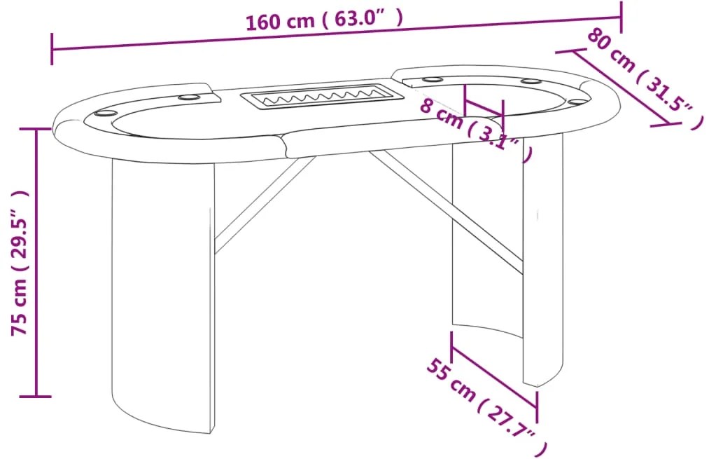 Mesa poker 10 jogadores 160x80x75cm c/ tabuleiro de fichas azul