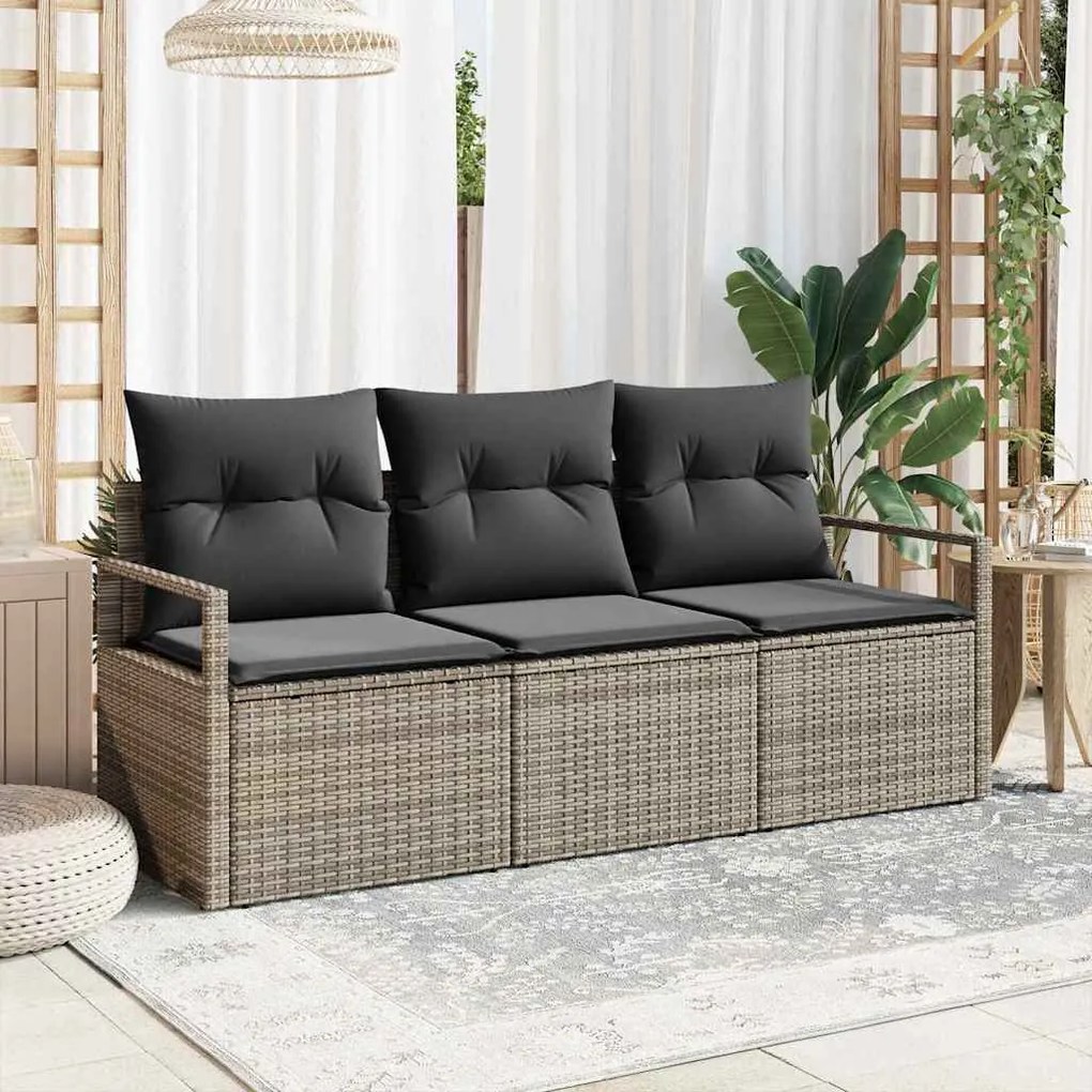 vidaXL Conjunto de Sofá de Jardim 3 Peças com Almofadas Cinzas em Rattan Sintético